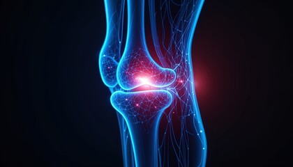 Detailed anatomical illustration of a human knee joint.