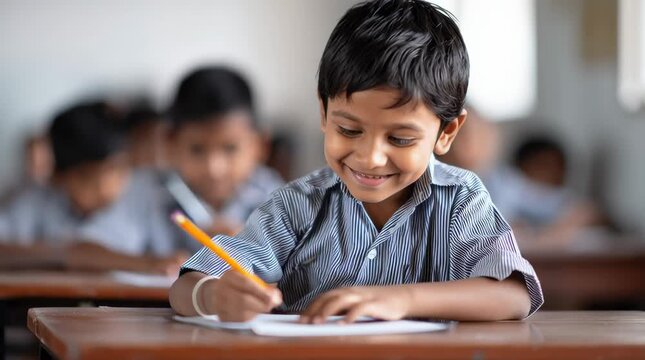 Smiling Indian boy writing with a pen at school