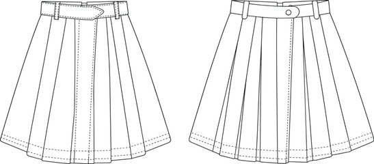 Pleated mini skirt front and back flat sketch, cad drawing, technical fashion vector illustration, women’s skirt design, garment template
