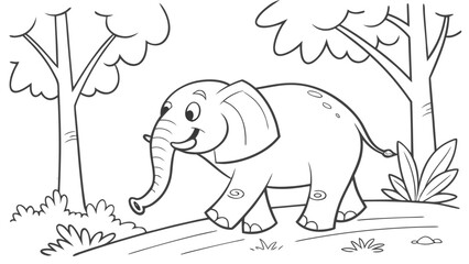Naklejka premium Vector Cartoon funny Elephant, funny image in the forest, Coloring book page for children. Line Art isolated on white background