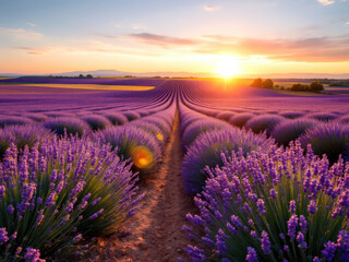 Obraz premium Lavender field at sunset with vibrant colors ideal for natural beauty and relaxation themes
