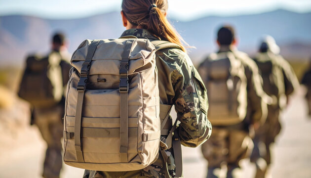 Female soldier with heavy backpack marches determinedly across desolate desert landscape. Her unwavering focus and strength are evident during this rigorous military training exercise - Powered by Adobe