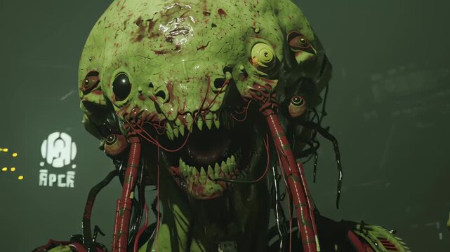 Horrific mutant creature with exposed eyes and wires, accompanied by a smaller being, looking around in a dark, ominous setting. Alien horror footage.