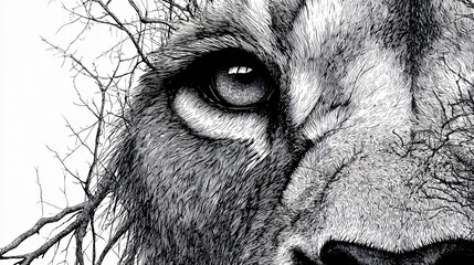 Lion Wildlife Nature Beast Feline Portrait Eyes Details Lineart Drawing Black White Realism Wilderness Ferocious Strength Predator Habitat Wildlifeart 
