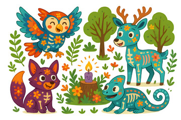 Fototapeta premium Día de Muertos Joyful Alebrije Animal Spirit Guides Coloring Illustration, Flat Vector