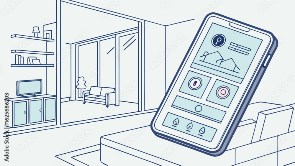 Poster smart home automation system app on phone controlling house interior with modern design and technolo