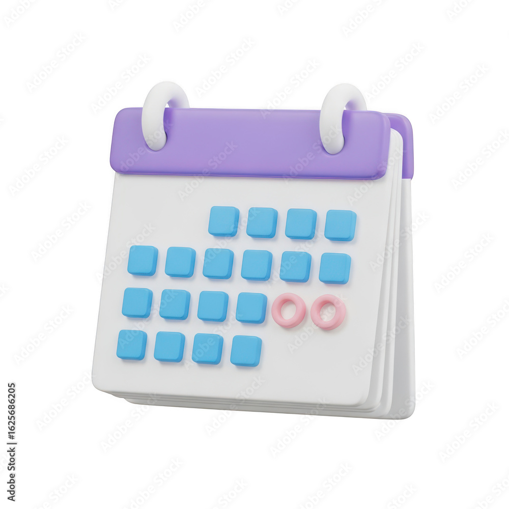 Poster 3d icon of 3d calendar with marked dates and rings, representing scheduling and planning, isolated o