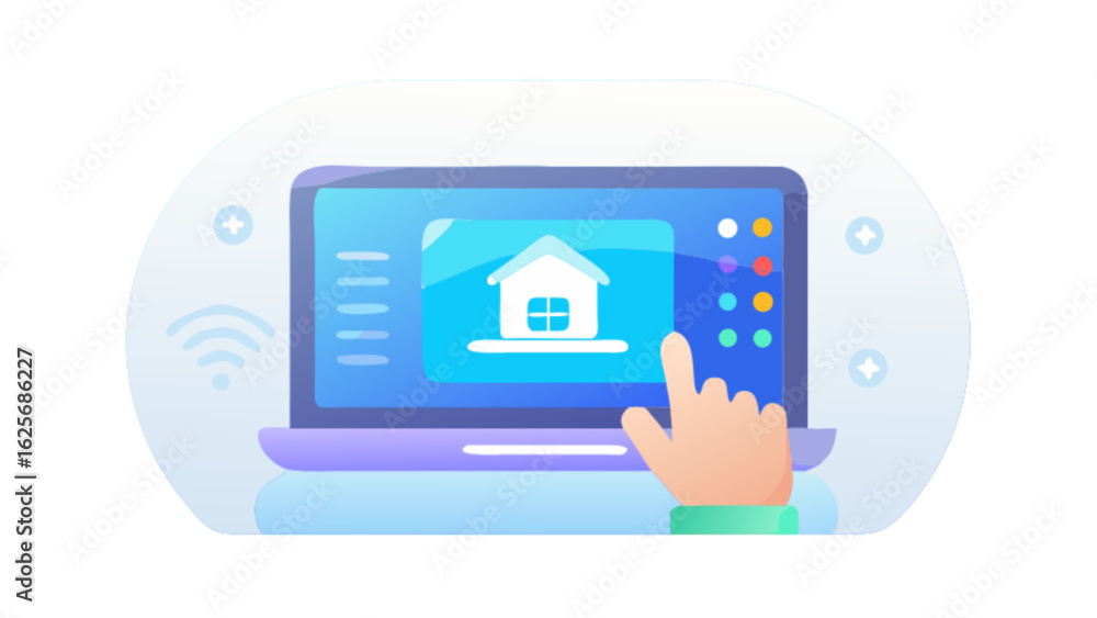 Poster smart home automation system on laptop with hand touching screen for iot technology and control pane