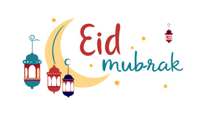 Obraz premium Eid mubarak celebration vector design with lanterns and crescent moon for muslim community festival 2024