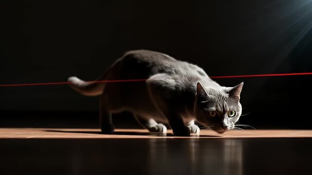 Gray cat crouches low to the ground, following a red laser pointer line with focused intent