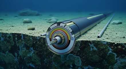 Transatlantic cable dissected on the sea floor, a visualization of subsea internet cables , Submarine telecommunications cable cross-section under the ocean, a network visualization