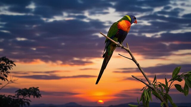 Vibrant parrot perched on a branch against a vivid sunset backdrop
