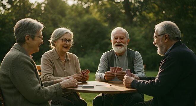 Happy senior friends playing cards outdoors in a sunlit garden.