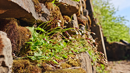 Close up of mossy rock wall with small white flowers and green foliage