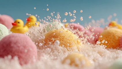 Pastel-colored bath balls and rubber duckies in a frothy, bubbly bath