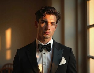 A stylish handsome man with an iconic bow tie and natural light shining on his face.