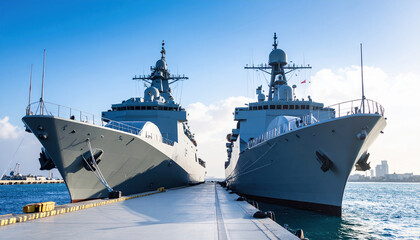 Naklejka premium Two modern naval ships stand impressively docked side by side in tranquil port, reflecting commitment to national security. powerful vessels radiate readiness and strength under clear blue sky