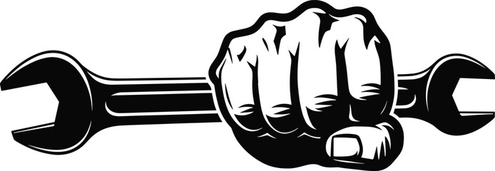Strong fist gripping wrench, monochrome illustration, mechanic tool symbol, power and repair concept, vector graphic, isolated on white background