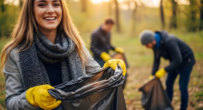 A group of smiling volunteers cleaning up litter in a park. A young woman in the foreground holds a trash bag, promoting environmental conservation, community service, and recycling. - Powered by Adobe