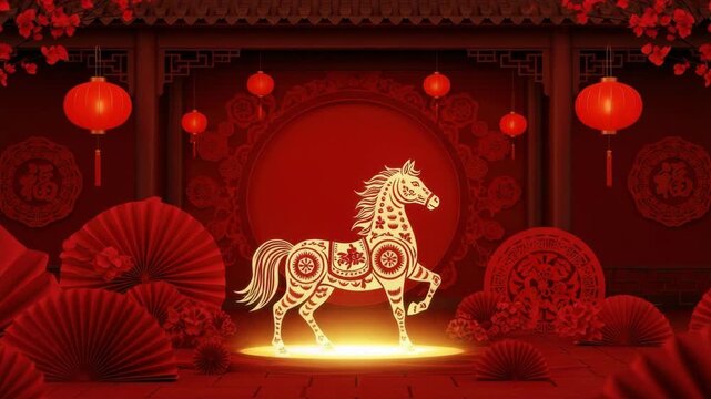 Papercut style horses in Chinese New Year scenes