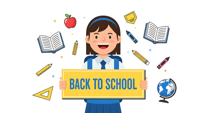Cheerful girl holding a "Back to School" sign, surrounded by school supplies.