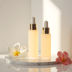 "Elegant Illuminated Dropper Bottles on Marble Platform with White Flowers – Luxury Skincare or Essential Oil Product Photography for Branding and Commercial Use