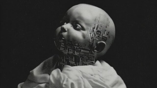Newborn infant robot with circuit board face, demonstrating artificial intelligence evolution and futuristic technology footage.