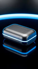 Sleek metallic case with glowing blue light accents reflecting on black surface.