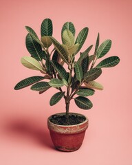 Obraz premium Small potted plant, vibrant leaves, terracotta pot, pink background