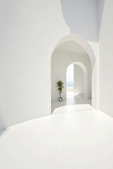 An empty white room with a window leading to an ancient European stone archway, evoking a sense of historic religious architecture