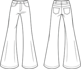 Wide leg flared jeans flat sketch, women’s denim pants front and back cad drawing, fashion vector, technical garment design illustration