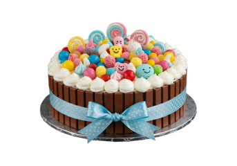 Colorful candy decorated birthday cake with blue ribbon isolated on transparent background