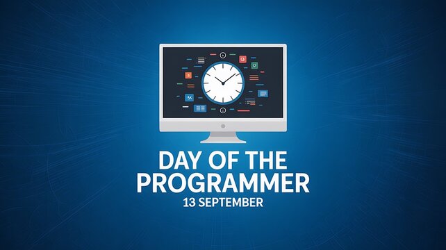Computer screen displays clock and app icons for programmer day