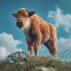 Fototapeta premium Young bison calf stands amidst wildflowers. A adorable calf, with a soft, light-brown coat, gazes curiously into the camera. Fluffy coat, blue flowers, clear sky