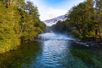 Green Waters of the Manso River at Nahuel Huapi National Park with Mount Tronador