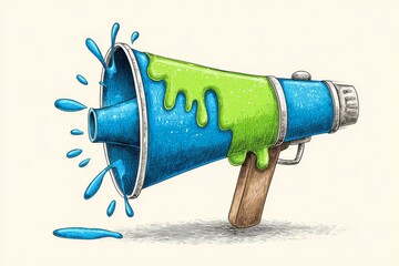 A vibrant megaphone symbolizing a call to action situated in an inventive city environment