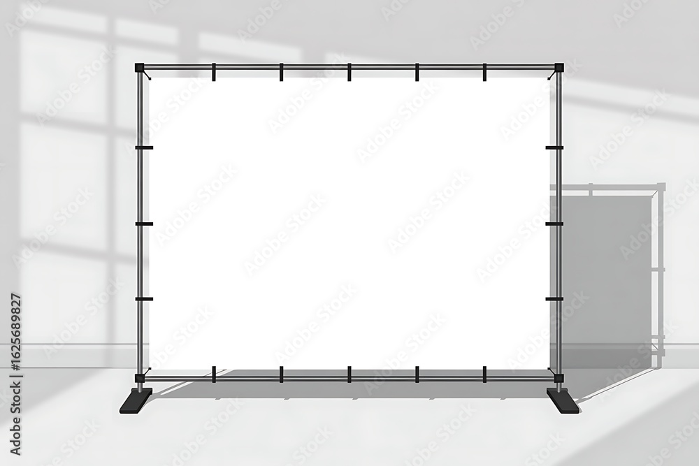 Poster blank white banner on a black frame with sunlight and shadow patterns display