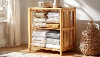 Light-colored bamboo shelving unit, holding folded towels and blankets. Sunlight streams in