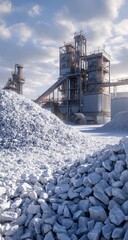 Obraz premium Industrial quarry scene with piles of light gray stones and a factory in the background