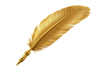 Golden quill feather isolated on transparent background