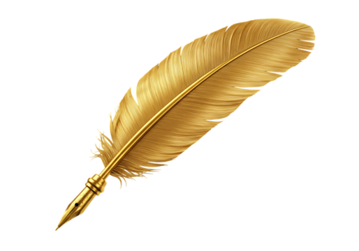 Golden quill feather isolated on transparent background