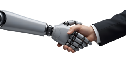 Human & Robot Handshake: A Transparent Background Visual of AI Collaboration, Seamlessly Integrated Technology with Future-Forward Designs