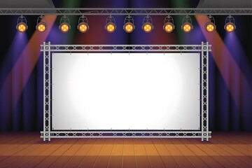 Stage Setup with Truss, Spotlights, and Blank White Screen Against Purple Curtains lighting