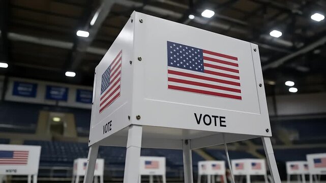 Voting Booth Displaying American Flags Inside A Large Interior Structure
