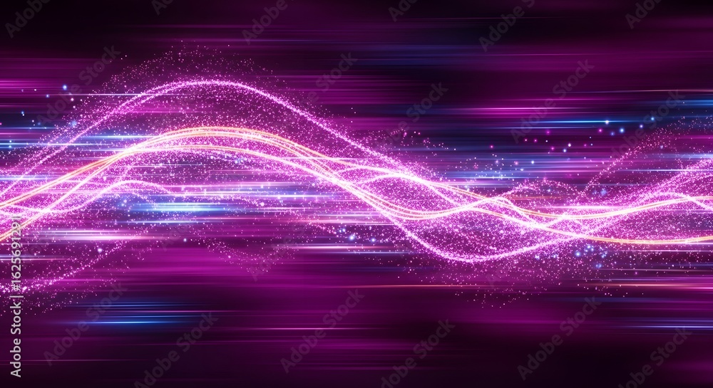 Poster an abstract background with fast-moving, wavy purple and pink light trails, similar to the previous 