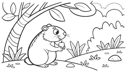 Vector Cartoon funny Hamster, funny image in the forest, Coloring book page for children. Line Art isolated on white background