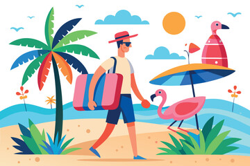 Man with luggage walking on beach with palm tree isolated on white background