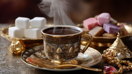 Fototapeta premium Steaming Turkish Coffee in Ornate Gold Cup with Sweets on a Metal Tray