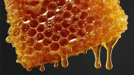 A honeycomb with liquid amber-colored honey sits on a black background, isolated on white, suitable for web design and advertising, highlighting the natural sweetness and texture of honey.