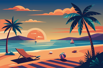 Tropical beach at sunset with palm trees, chair and boats in the distance